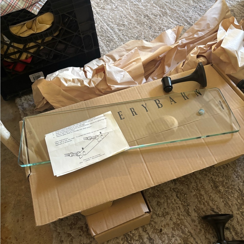 Pottery Barn Glass Shelf with Dark Brackets